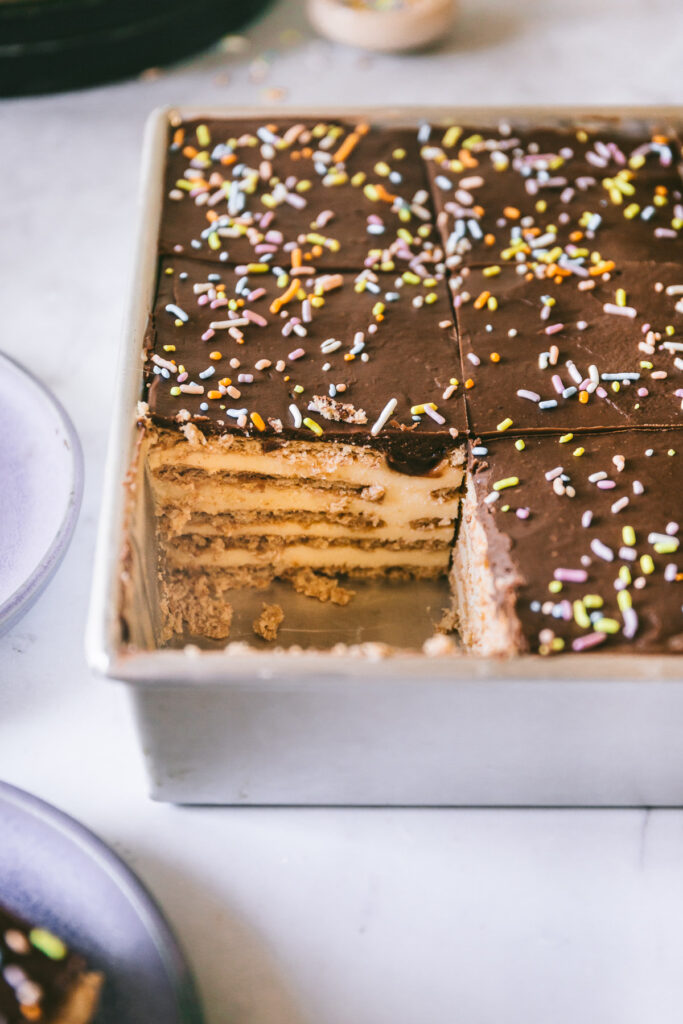 an inside shot of the square icebox cake focusing on the four layers