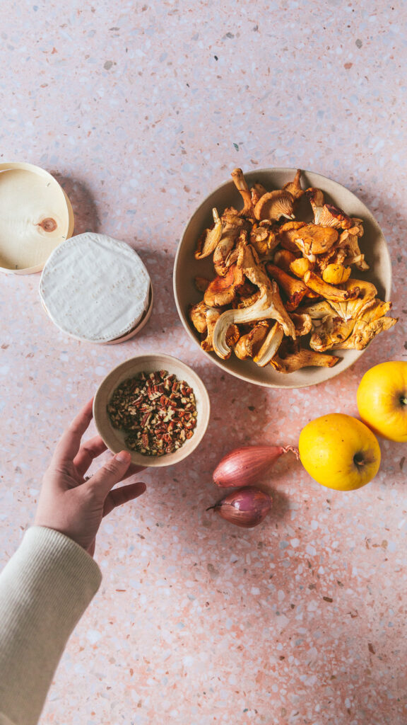 Ingredients shot. pecans, chanterelles, apples, brie, shallot