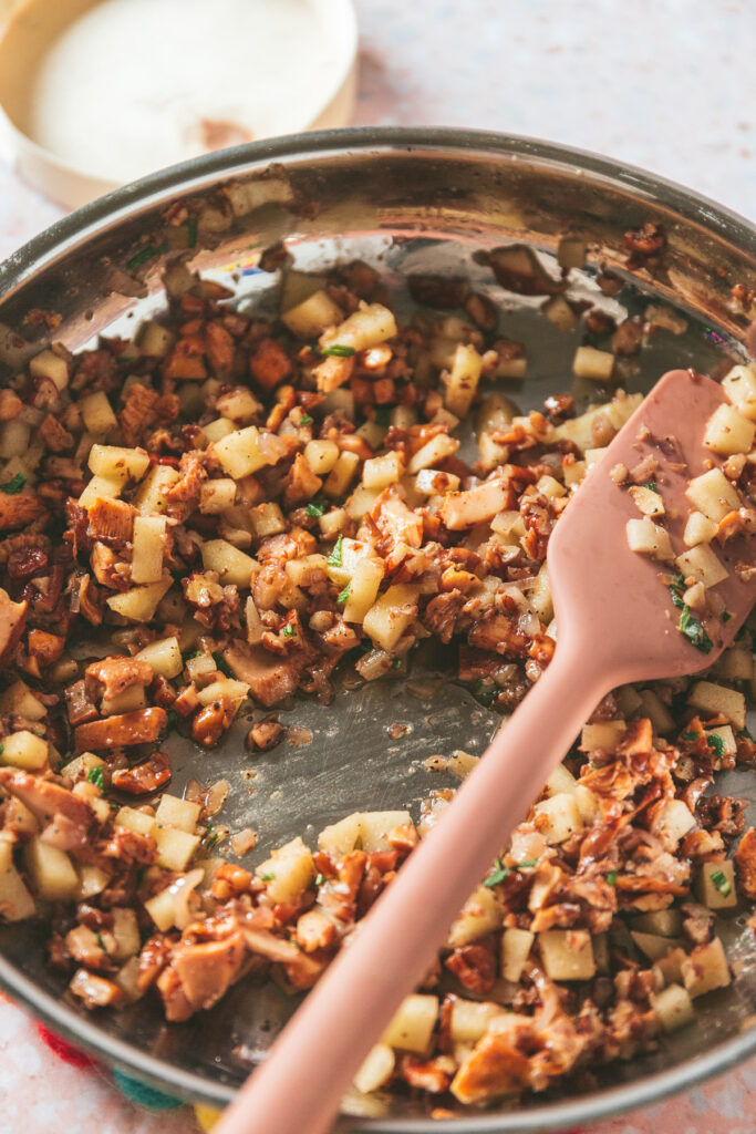 Close up image of the Apple Chanterelle Brie Stuffed Pastry stuffin