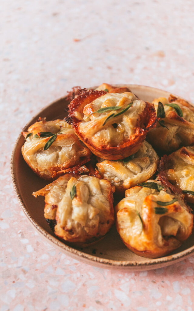 Close up of the finished Apple Chanterelle Brie Stuffed Pastry in a bowl