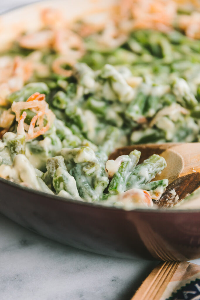 close up of the finished green bean casserole that shows the texture